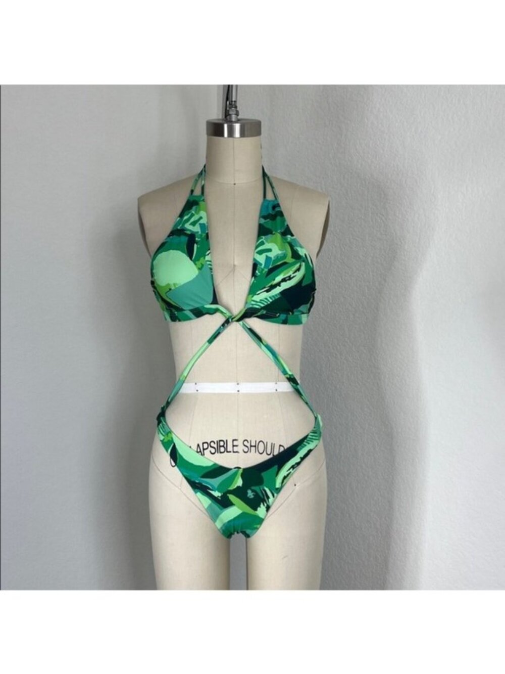 ASOS Candypants Tropical Monstera Leaf Halter Cheeky X Cross Strap Swimsuit Bath